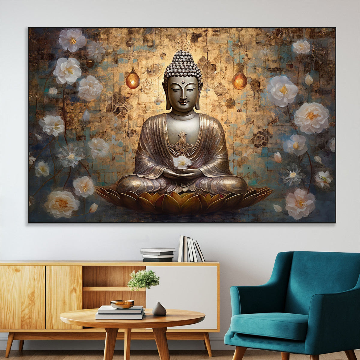 Golden Buddha Wall Art Canvas Print | Zen Meditation Floral