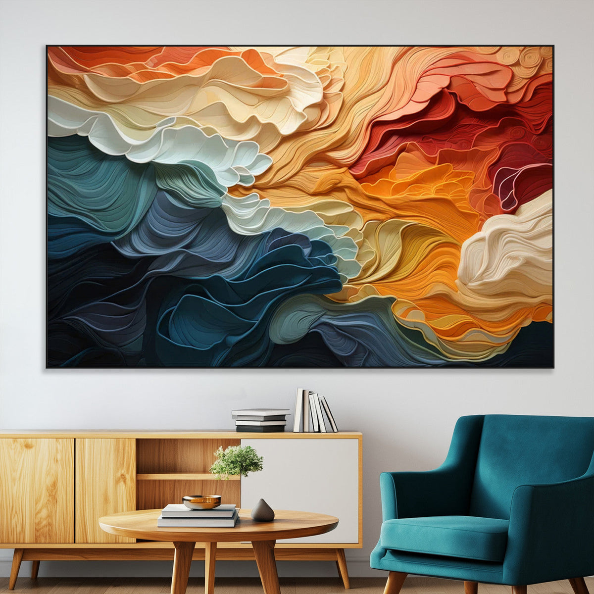 Blue Orange Abstract Wave Wall Art Canvas Print, Framed Blue