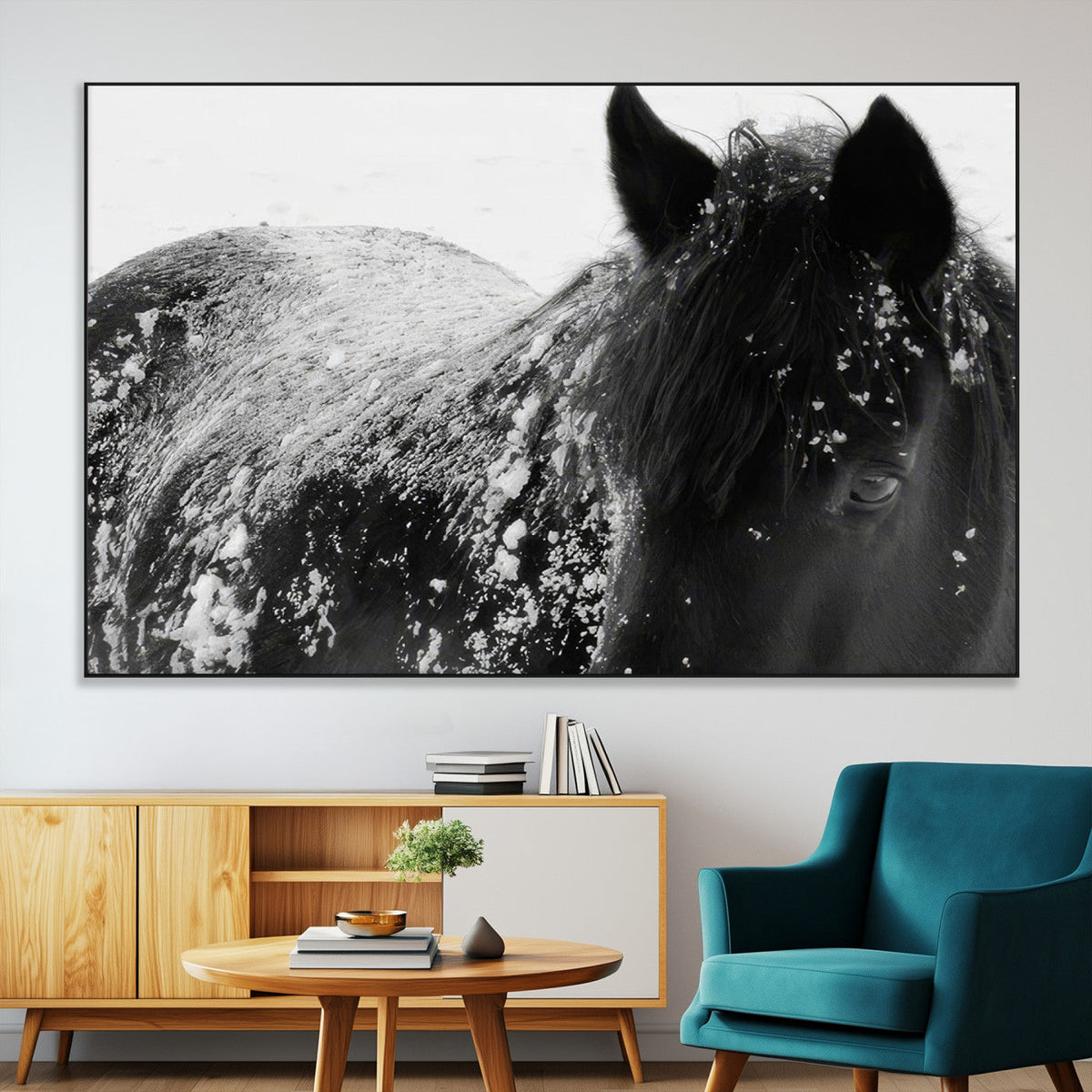 Black Horse in Snow Canvas Print | Winter Horse Wall Art |