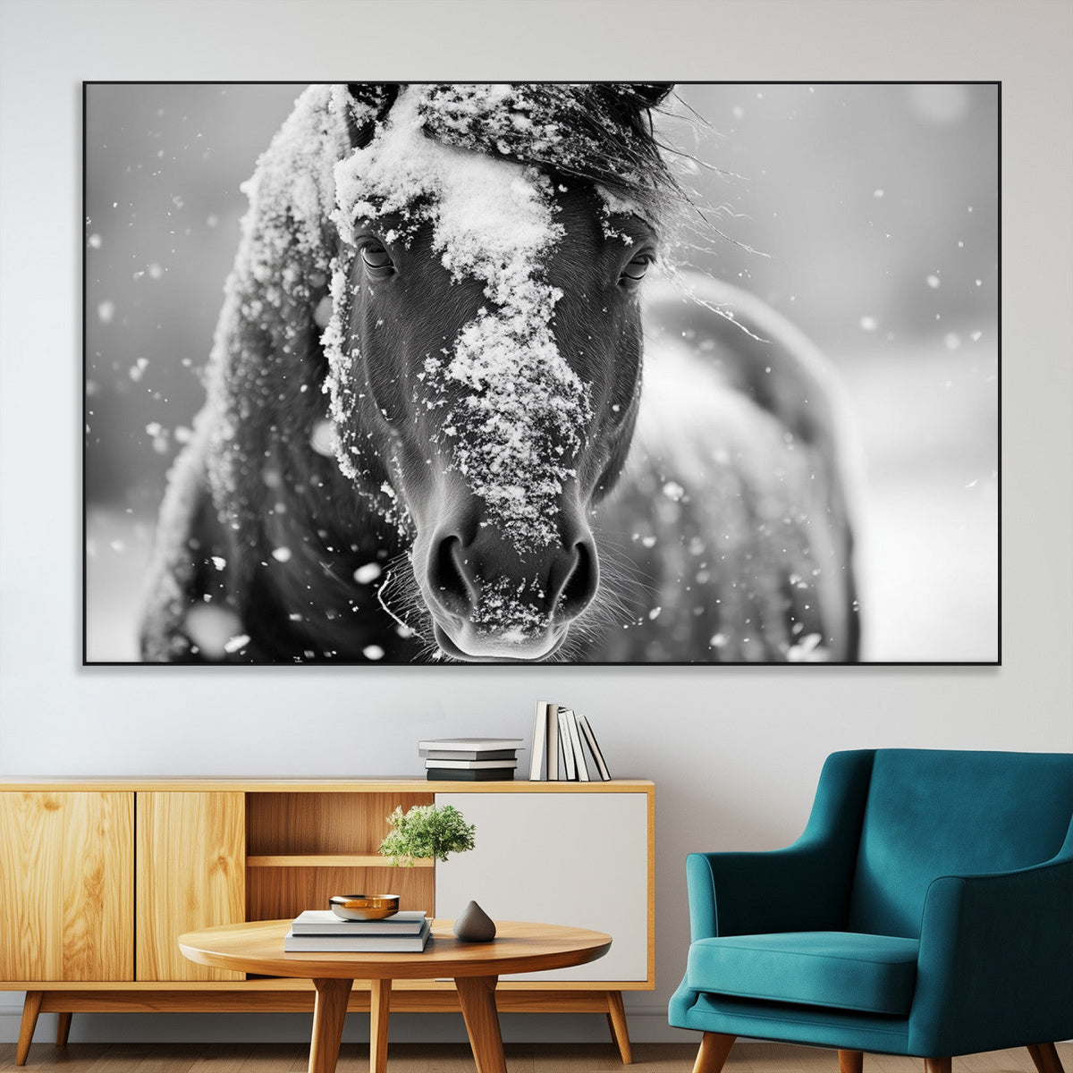 Black and White Horse Winter Wall Art | Ready to Hang and