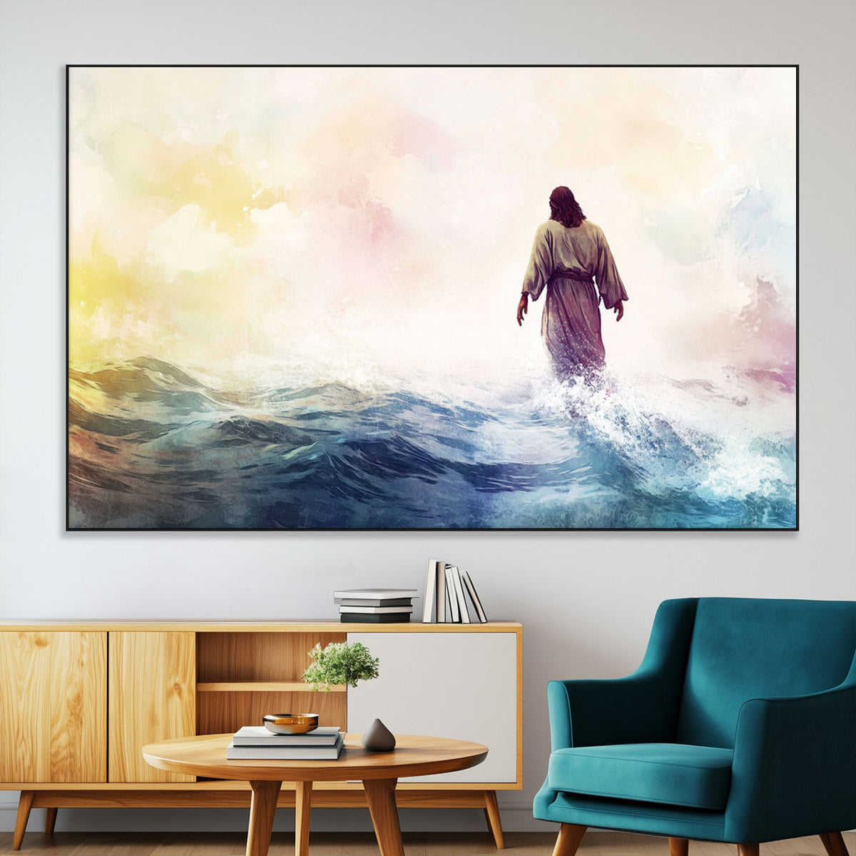 Watercolor Jesus Walking on Water Canvas Print, Christian