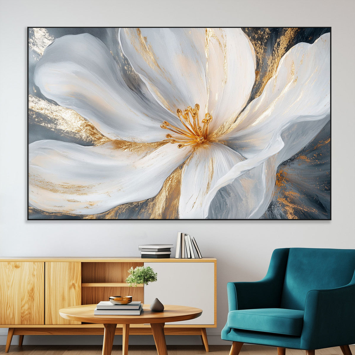 White and Gold Floral Canvas Wall Art - Framed and Ready to