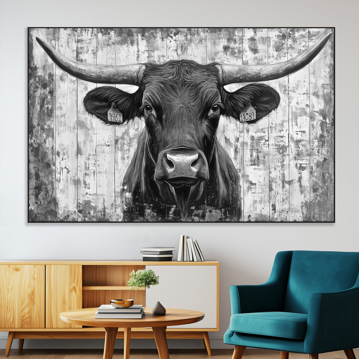Abstract Longhorn Bull Wall Art Canvas Print - Rustic Texas