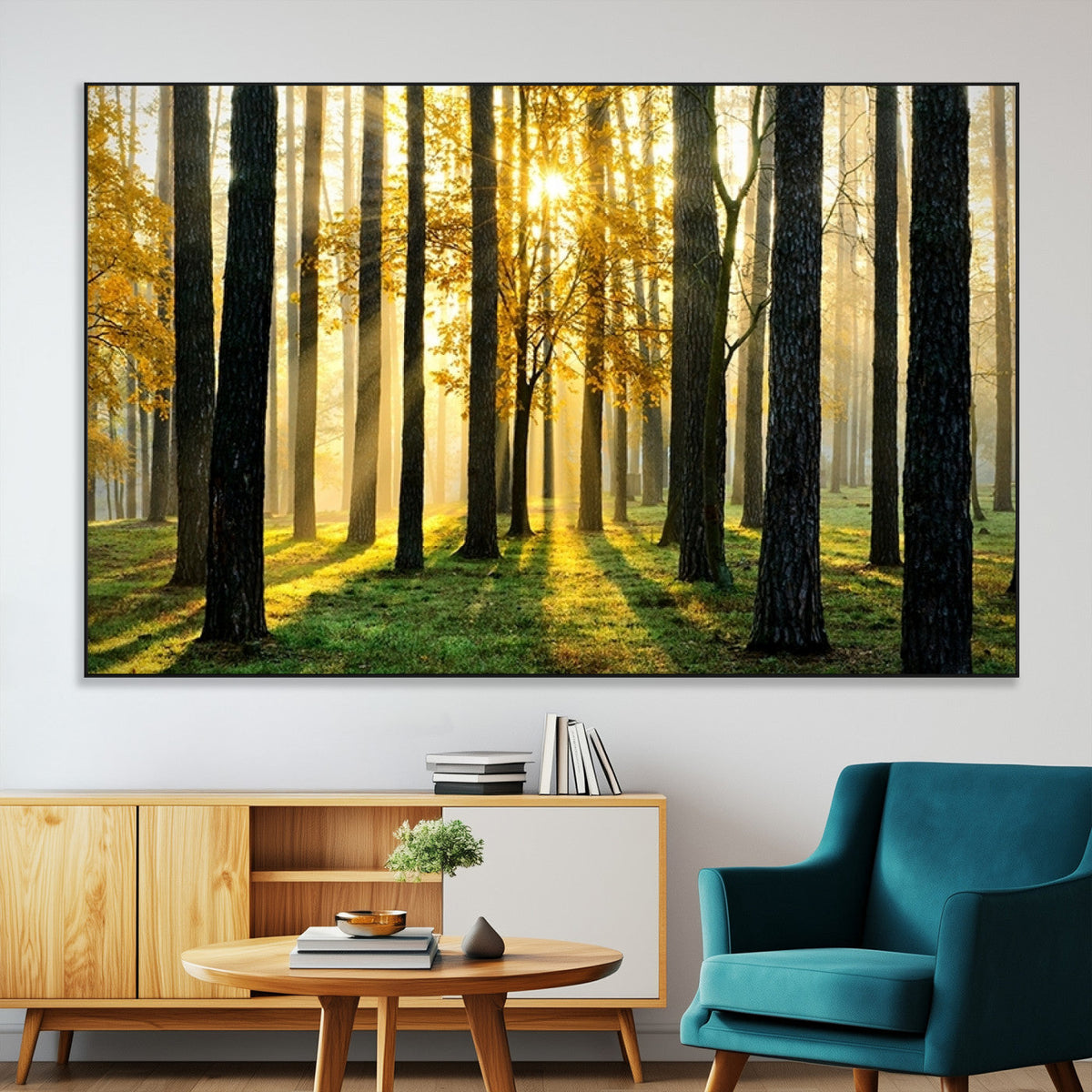 Sunlit Forest Wall Art Canvas Print – Large Framed Woodland