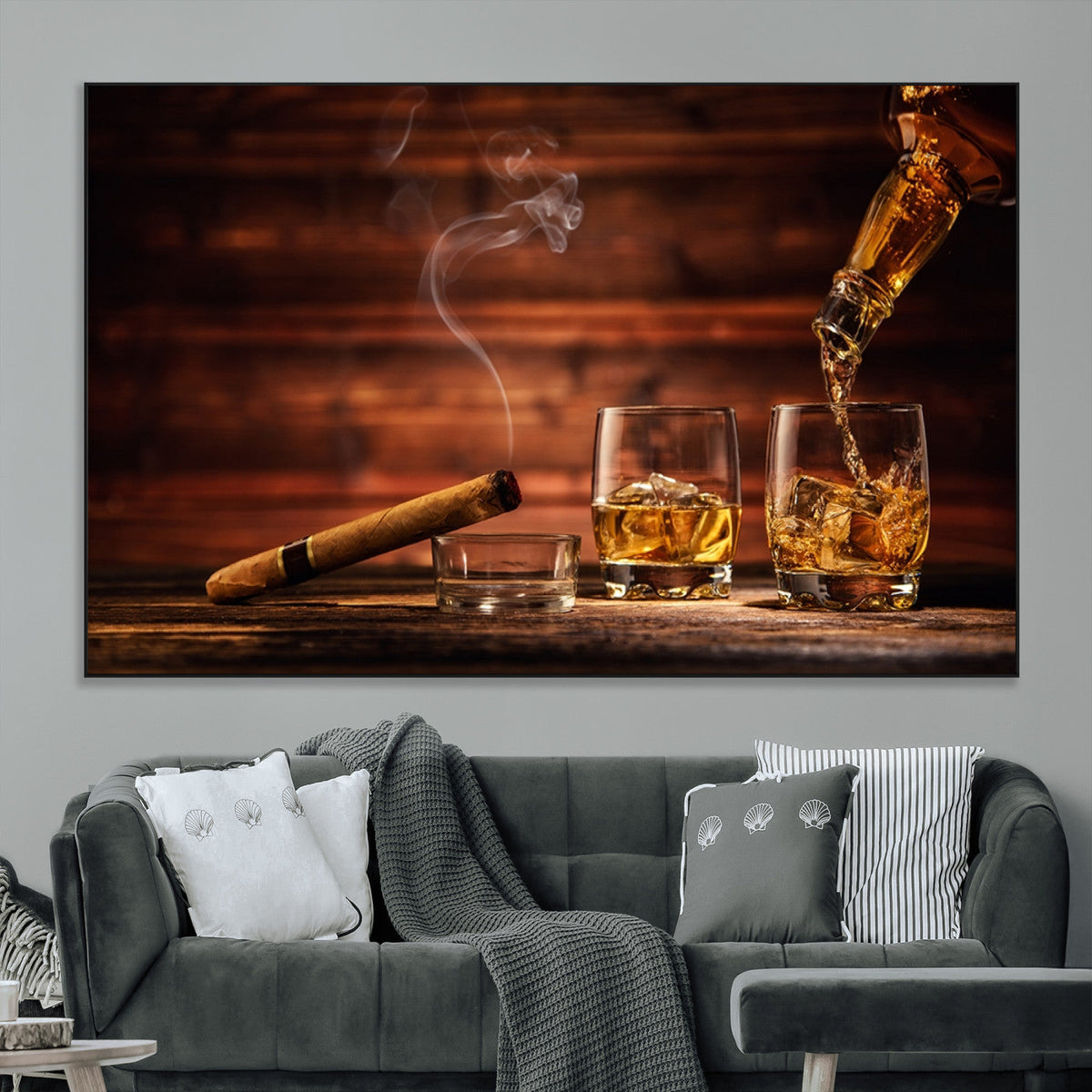 Whiskey and Cigar Wall Art Canvas | 3 Panel Bar Room Decor