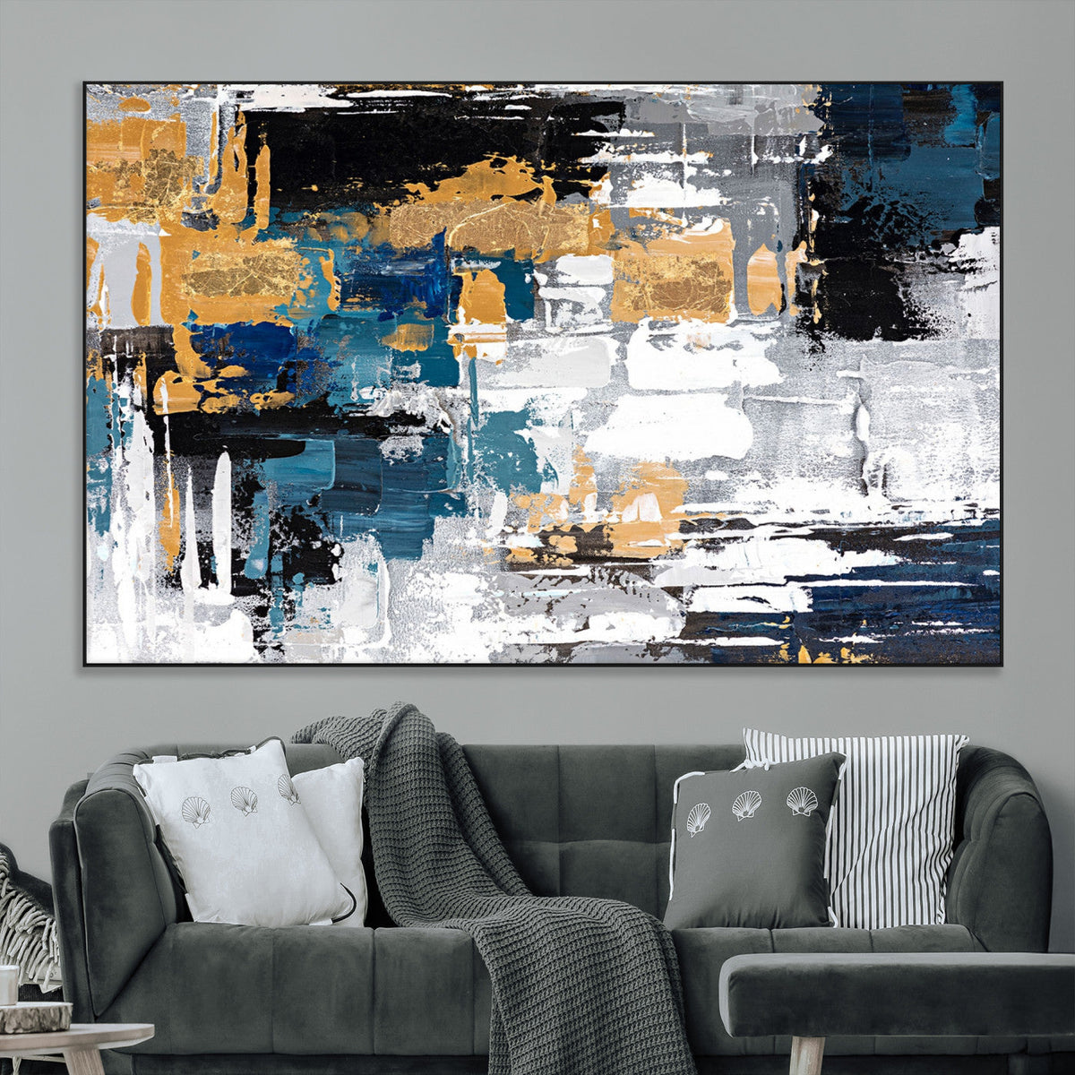 Blue and Gold Abstract Canvas Wall Art – Triptych Modern