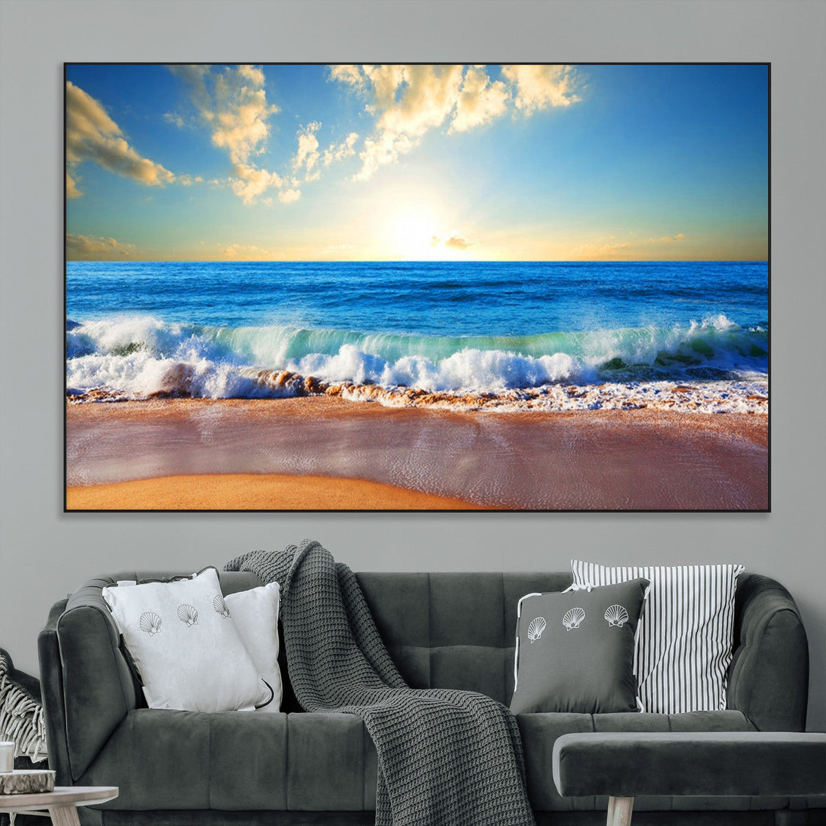 Tropical Beach Sunset Canvas Art, Ocean Waves and Sandy