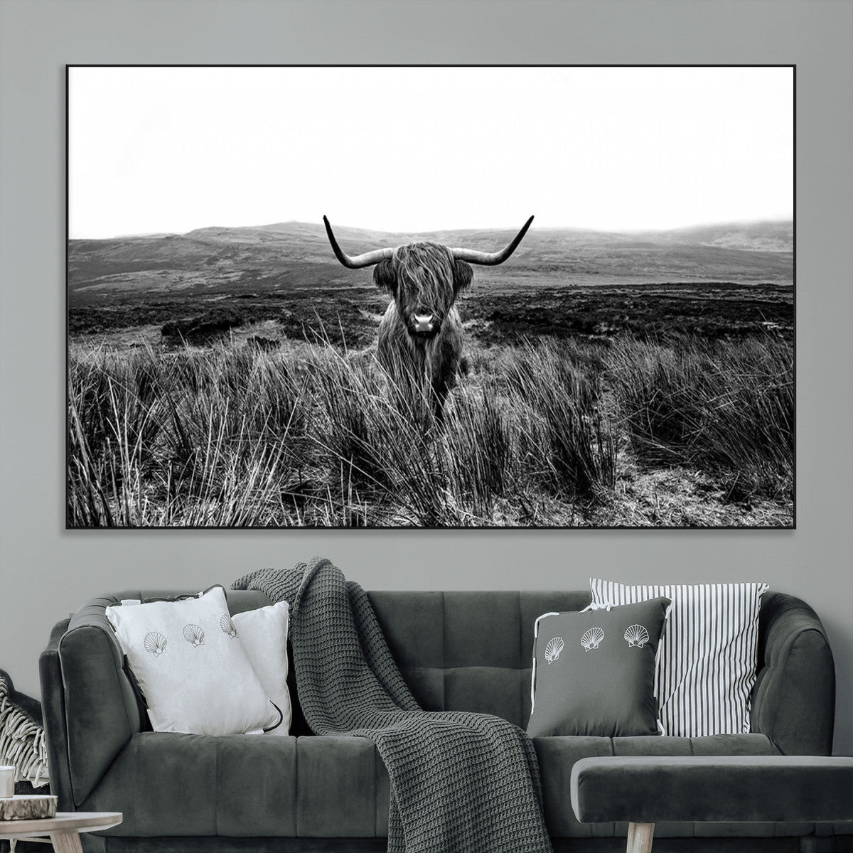 Black and White Highland Cow Canvas Wall Art, Longhorn