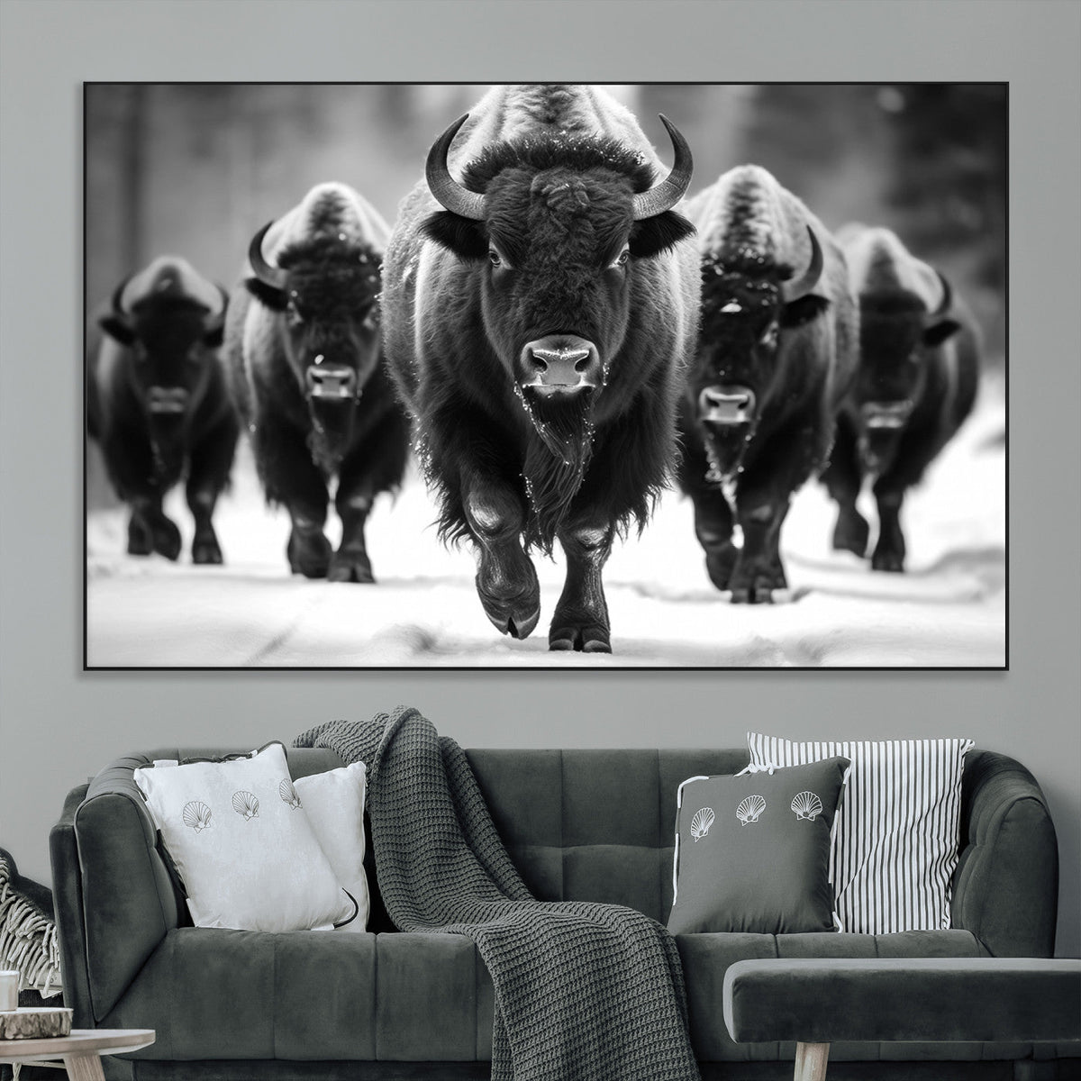 American Bison Art | Buffalo Herd Wall Art Canvas Print, BW