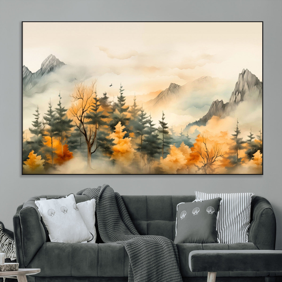 Abstract Watercolor Mountains and Trees Autumn Art,