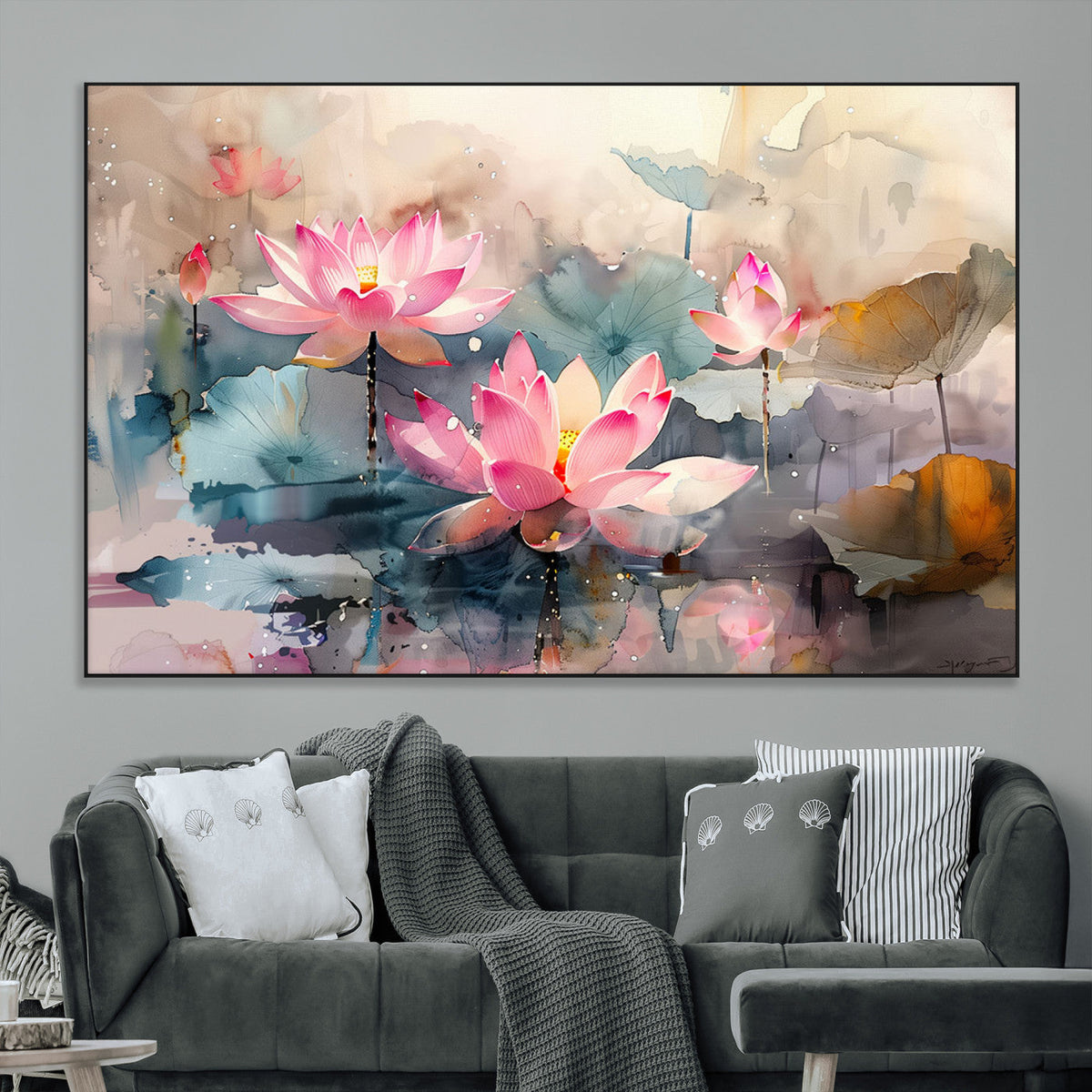 Lotus Flower Wall Art | 3-Panel Giclee Canvas Print of Pink