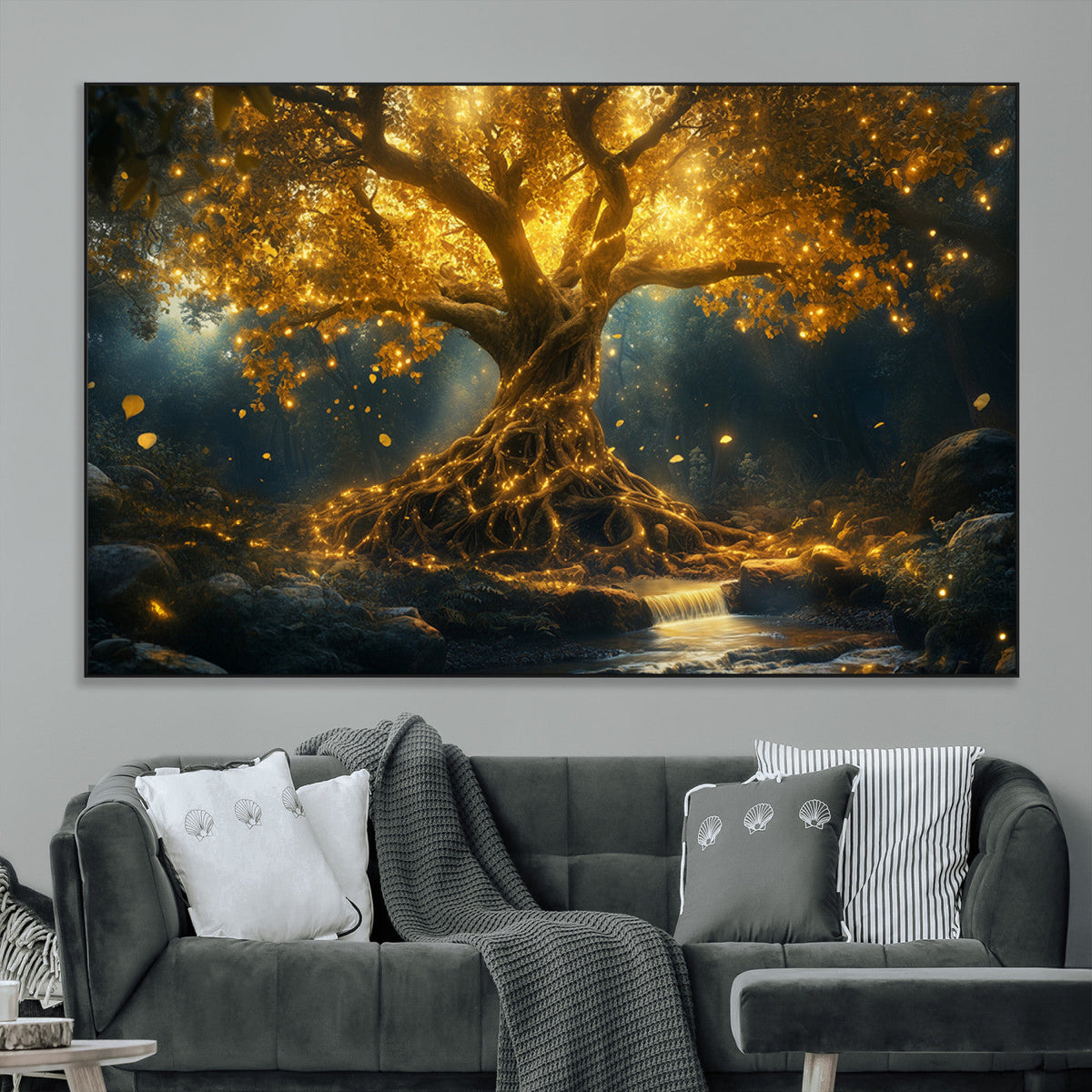 Golden Tree of Life Canvas Wall Art Print - Majestic Glowing