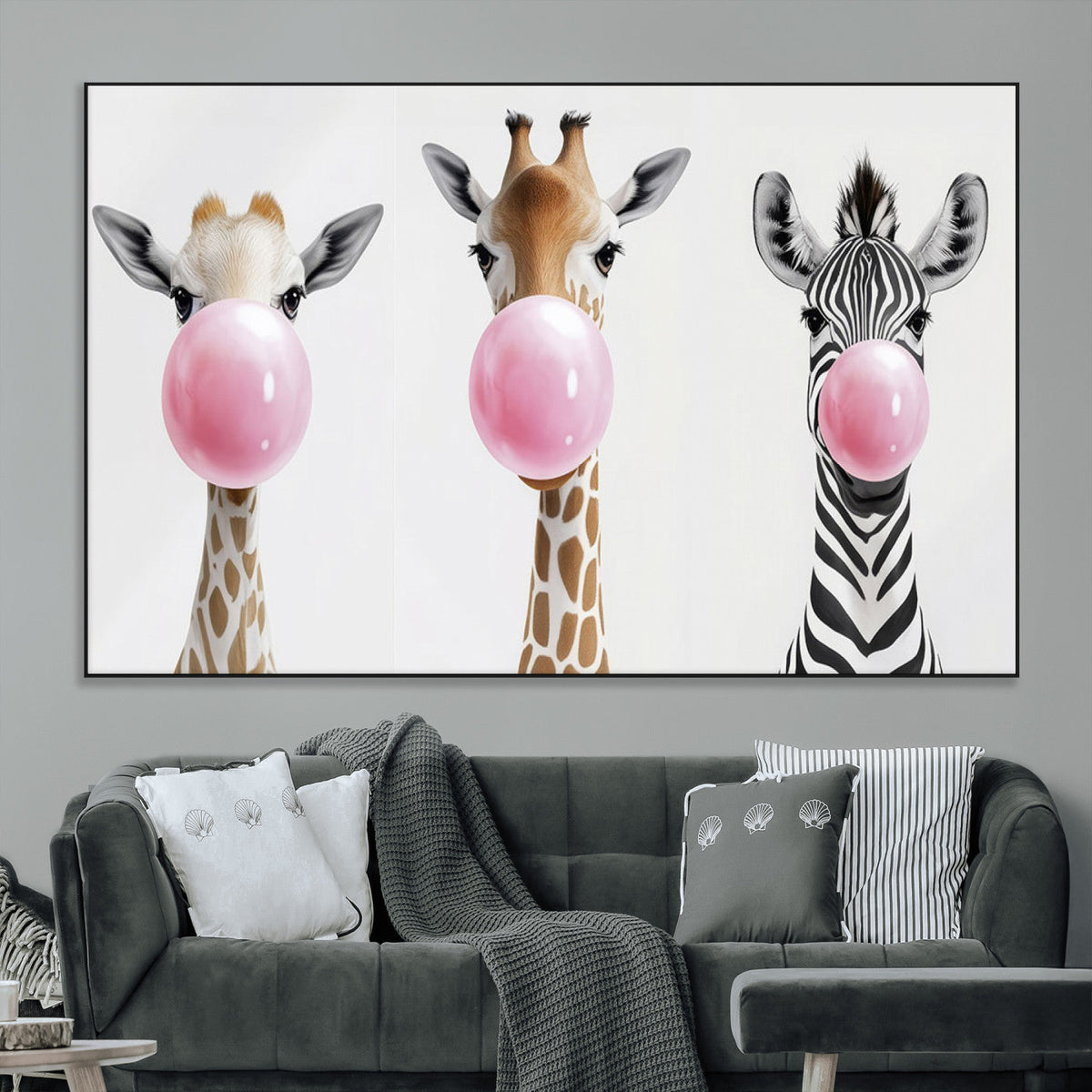 Bubblegum Animals Canvas Wall Art - Playful Giraffe and
