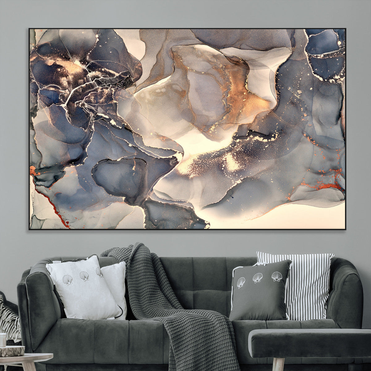 Abstract Blue and Gold Wall Art - Fluid Ink Artwork - Modern