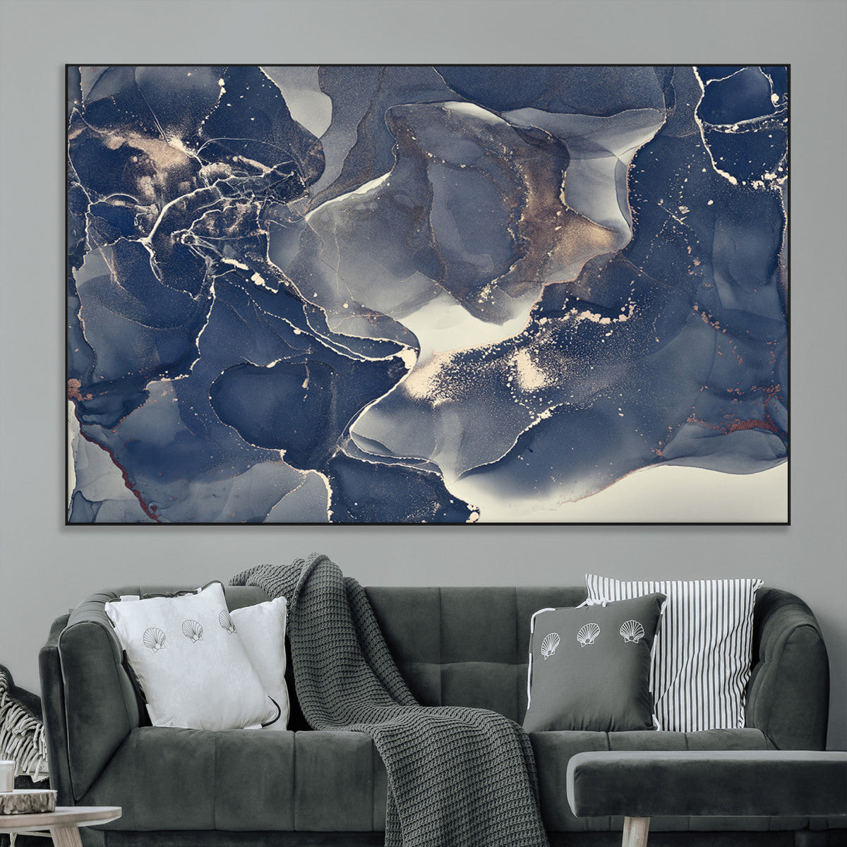 Large Abstract Blue and Gold Canvas Wall Art Fluid Ink