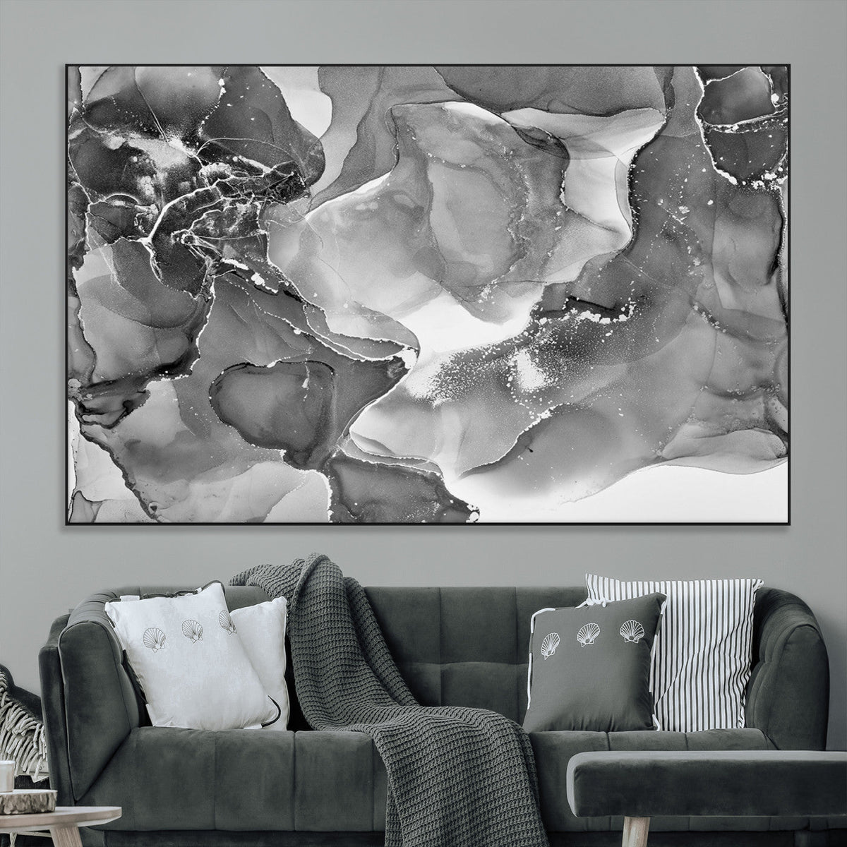 Black White Abstract Canvas Wall Art - Fluid Ink Artwork -