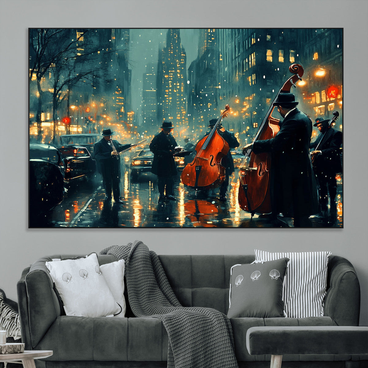 Urban Night Jazz Wall Art Canvas Print – Moody Rain-Soaked