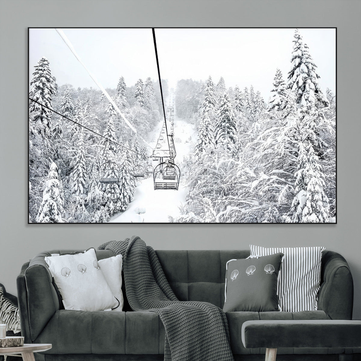 Snowy Ski Lift Wall Art – Framed Winter Mountain Canvas