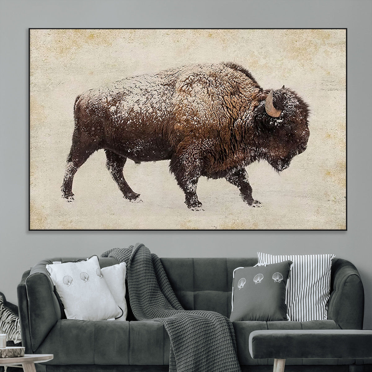 Snow-dusted bison silhouette textured vintage style rugged
