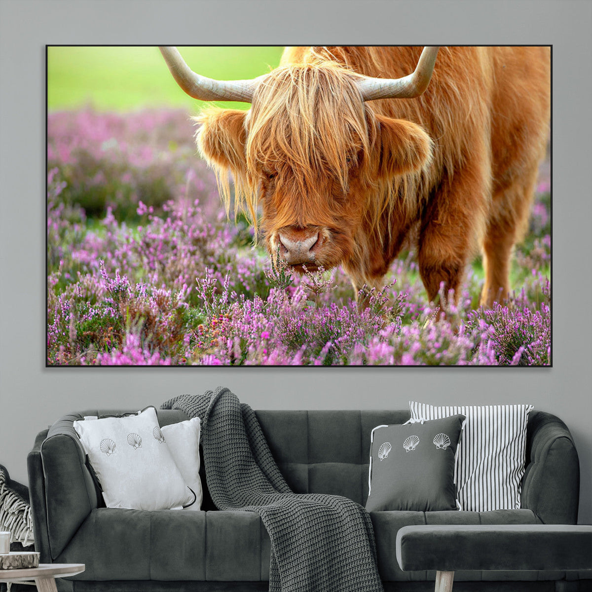 Highland Cow Wall Art Canvas Print – Framed Purple Flowers
