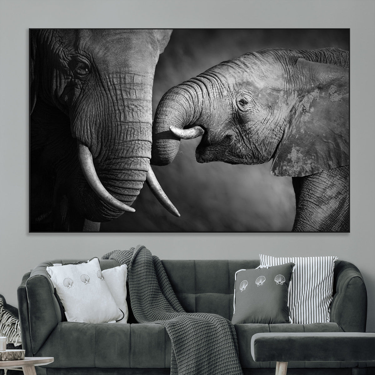 Elephant Family Wall Art Canvas, Framed Elephant Family