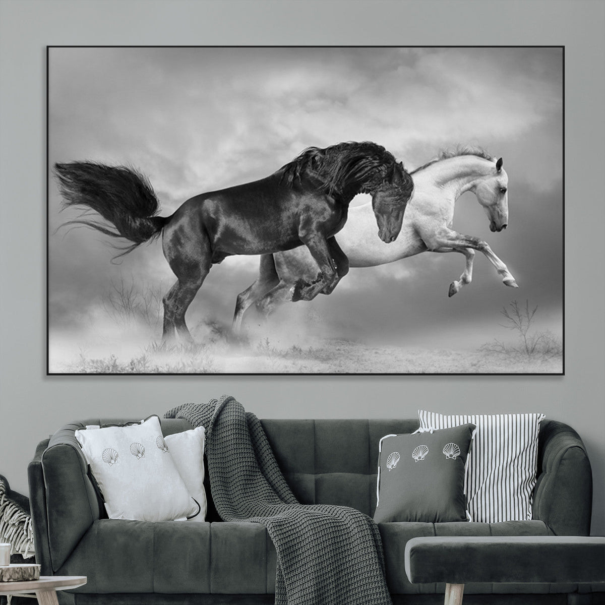 Wild Horses Wall Art Canvas Print – Framed Black and White