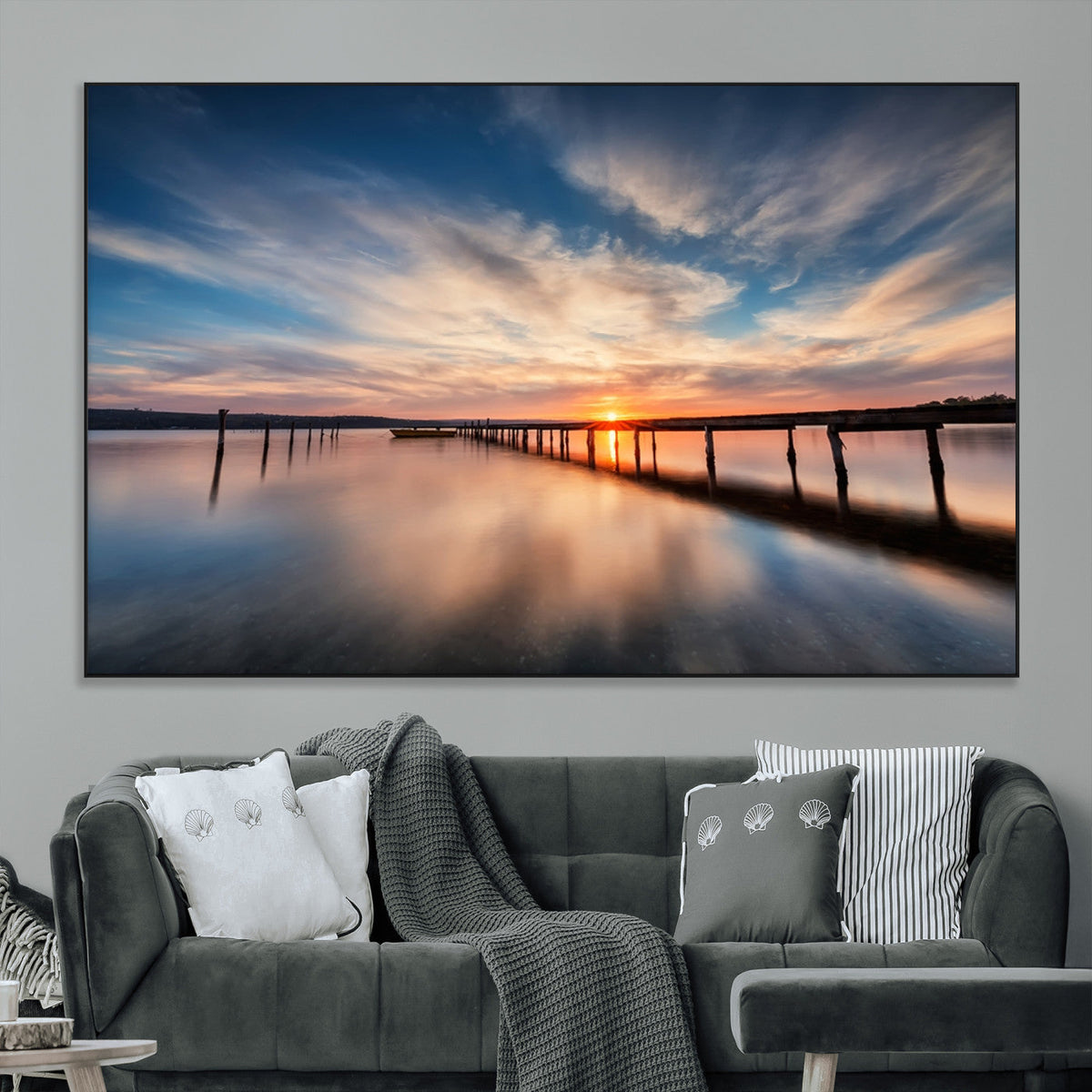 Wooden Pier on Seascape and Sunset Wall Art Canvas Print