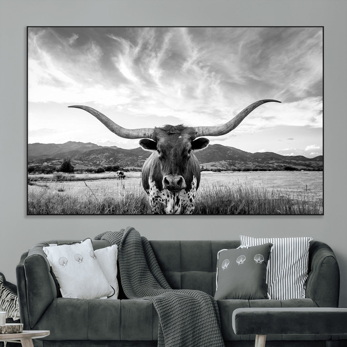 Longhorn Black and White Wall Art – Rustic Western Bull