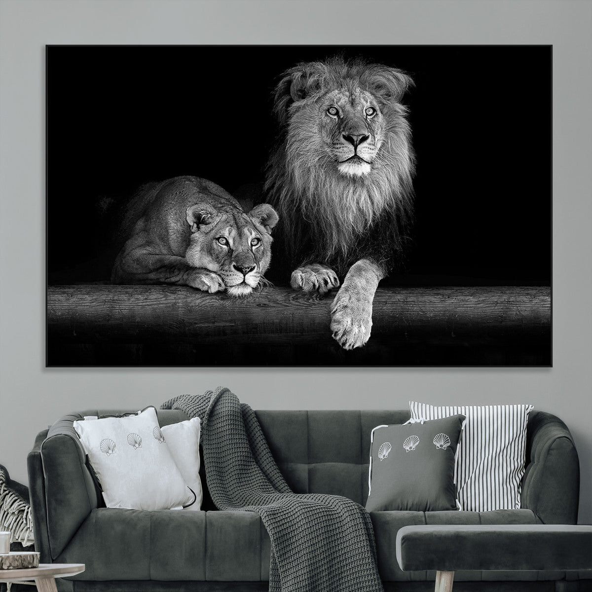 Large Black and White Lion Couple Wall Art Canvas Print –