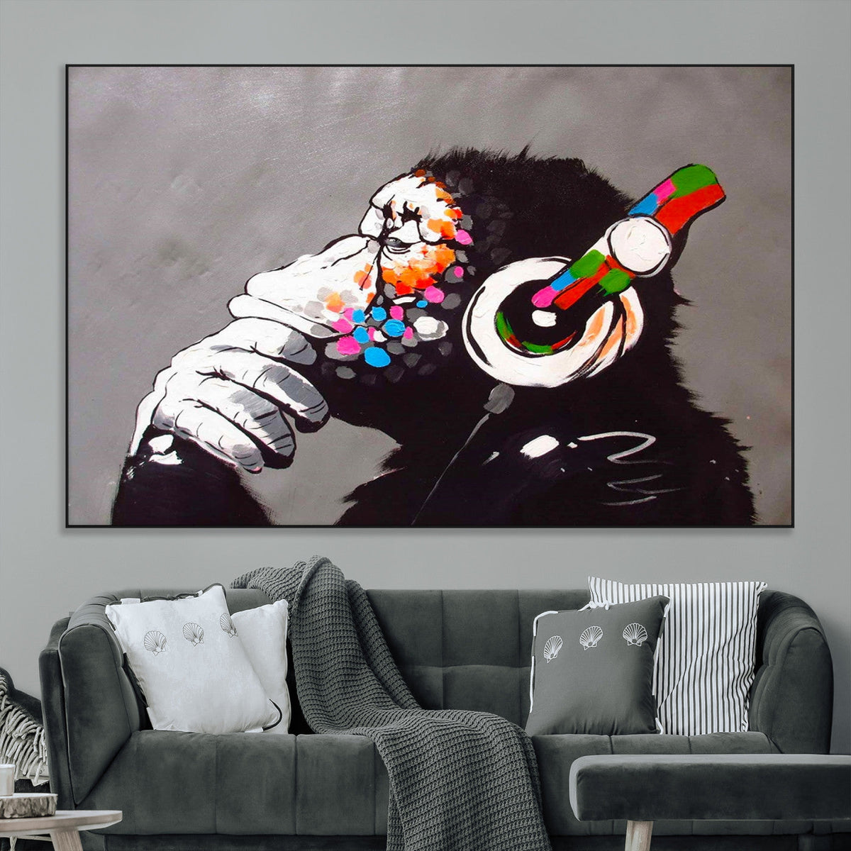 Dj Monkey Listening to Music Wall Art Print | Banksy Monkey