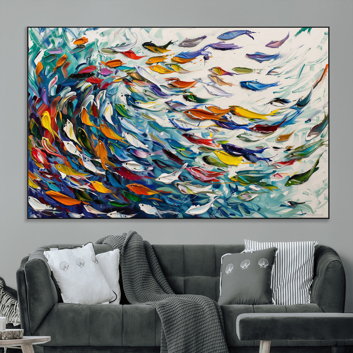 Modern Abstract Fish Shoal Wall Art Canvas Print, Colorful