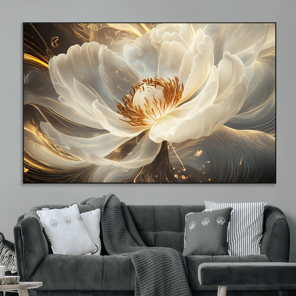 Gold Floral Wall Art Canvas Print, Framed Modern Flower Art