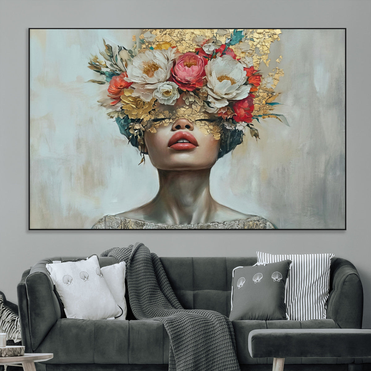 Golden Petal Wall Art Canvas Print - Silhouette Woman Wall