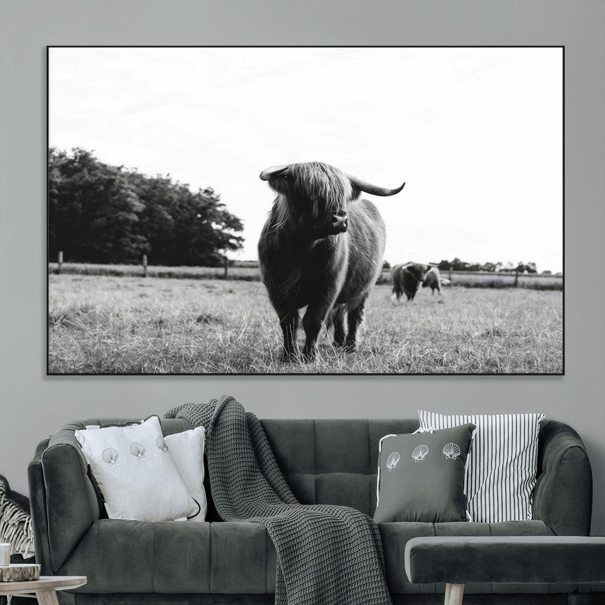 Black and White Highland Cow Wall Art Canvas Print | Rustic