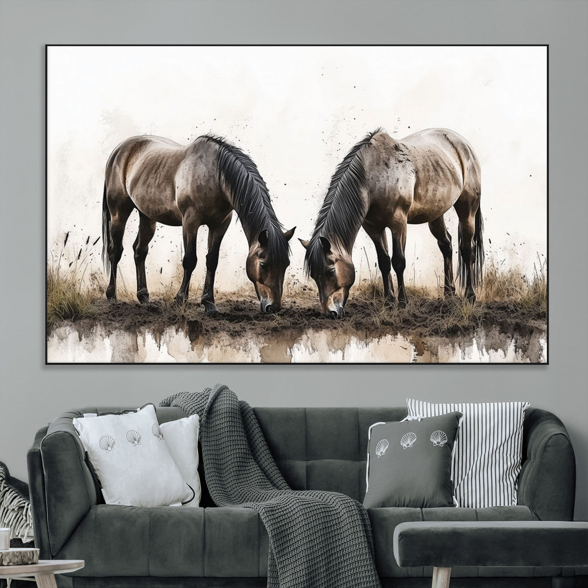 Chines Ink Style Horses Wall Art Canvas Print