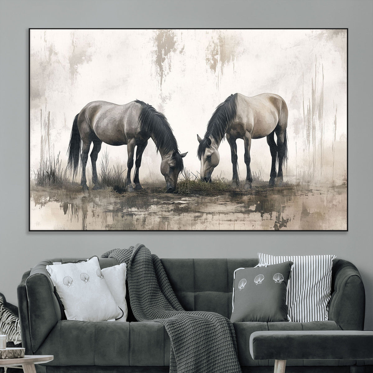 Chines Ink Style Vintage Horses Wall Art Canvas Print for