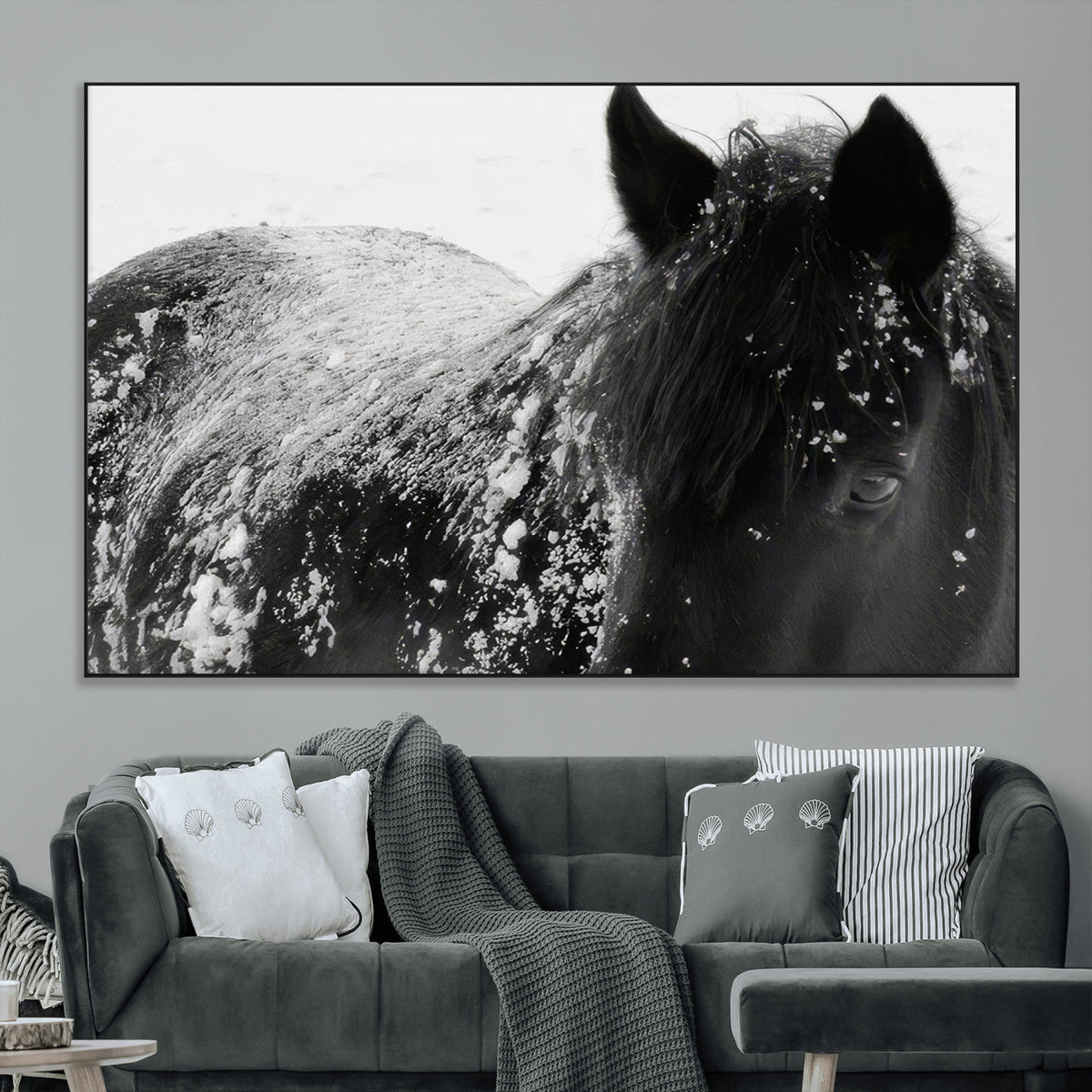 Black Horse in Snow Canvas Print | Winter Horse Wall Art |
