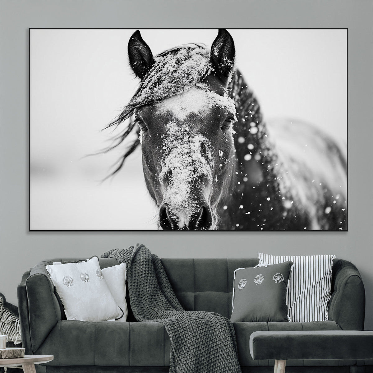 Western Wall Art | Black and White Winter Horse Wall Art |
