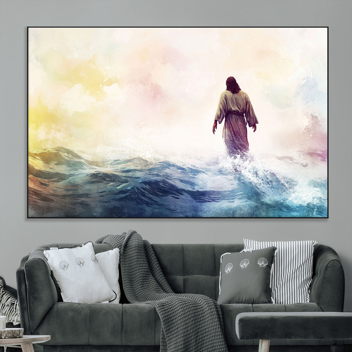 Watercolor Jesus Walking on Water Canvas Print, Christian
