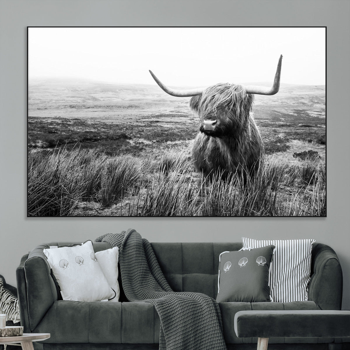 Scottish Highland Cow Wall Art | Black and White Canvas