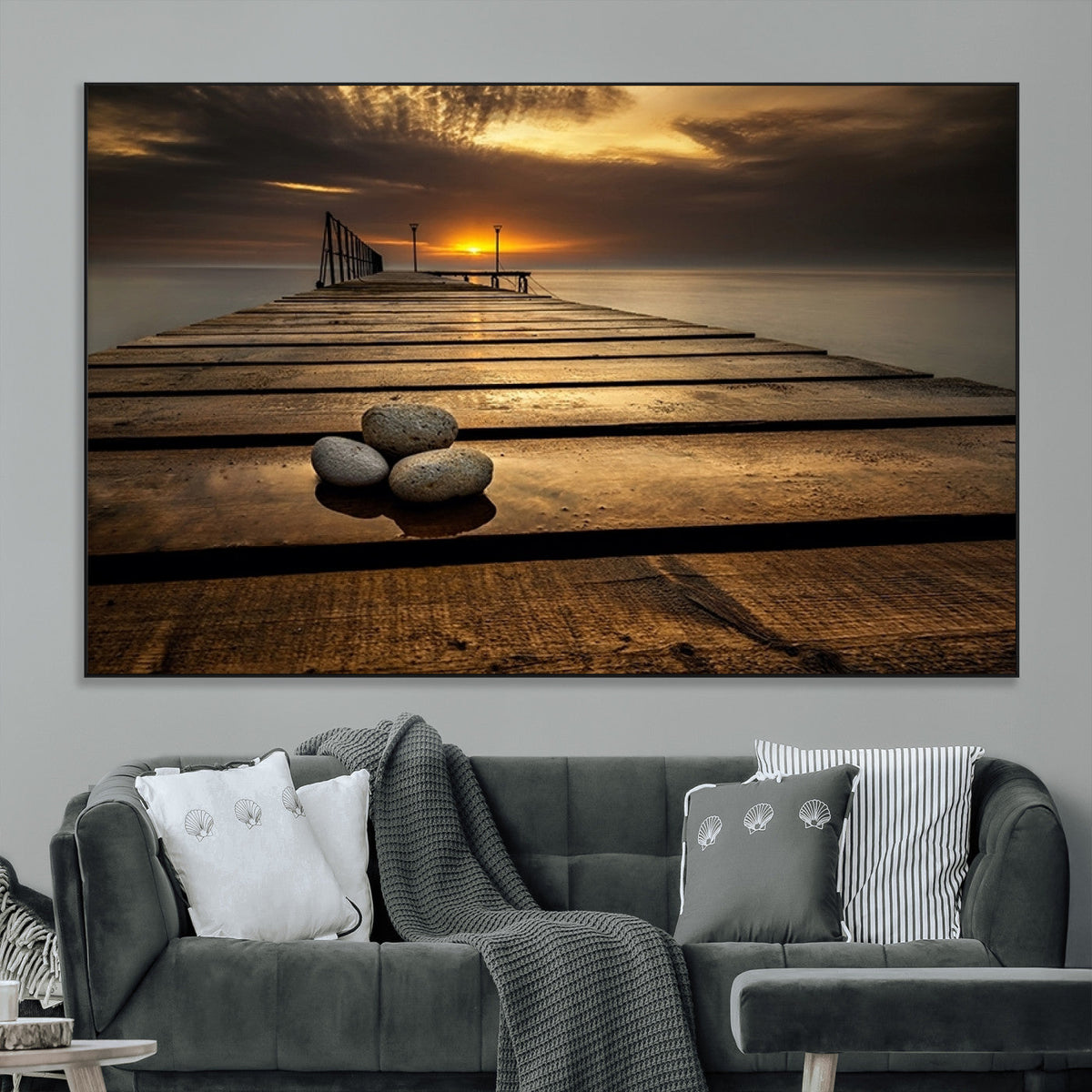 Stones on Wooden Pier at Sunset Canvas Print, Serene Coastal