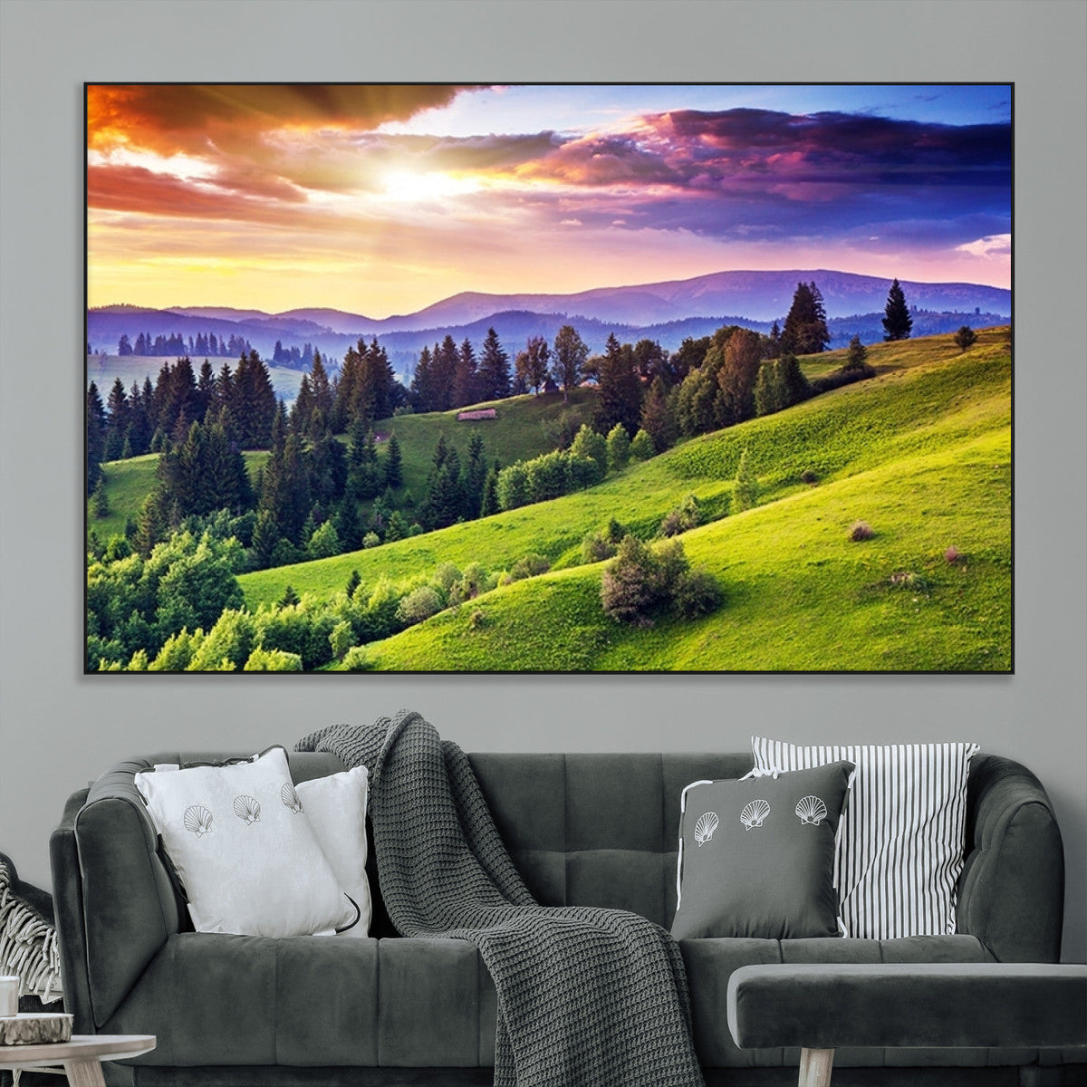 Green Hills and Sunset Wall Art Print - Scenic Landscape