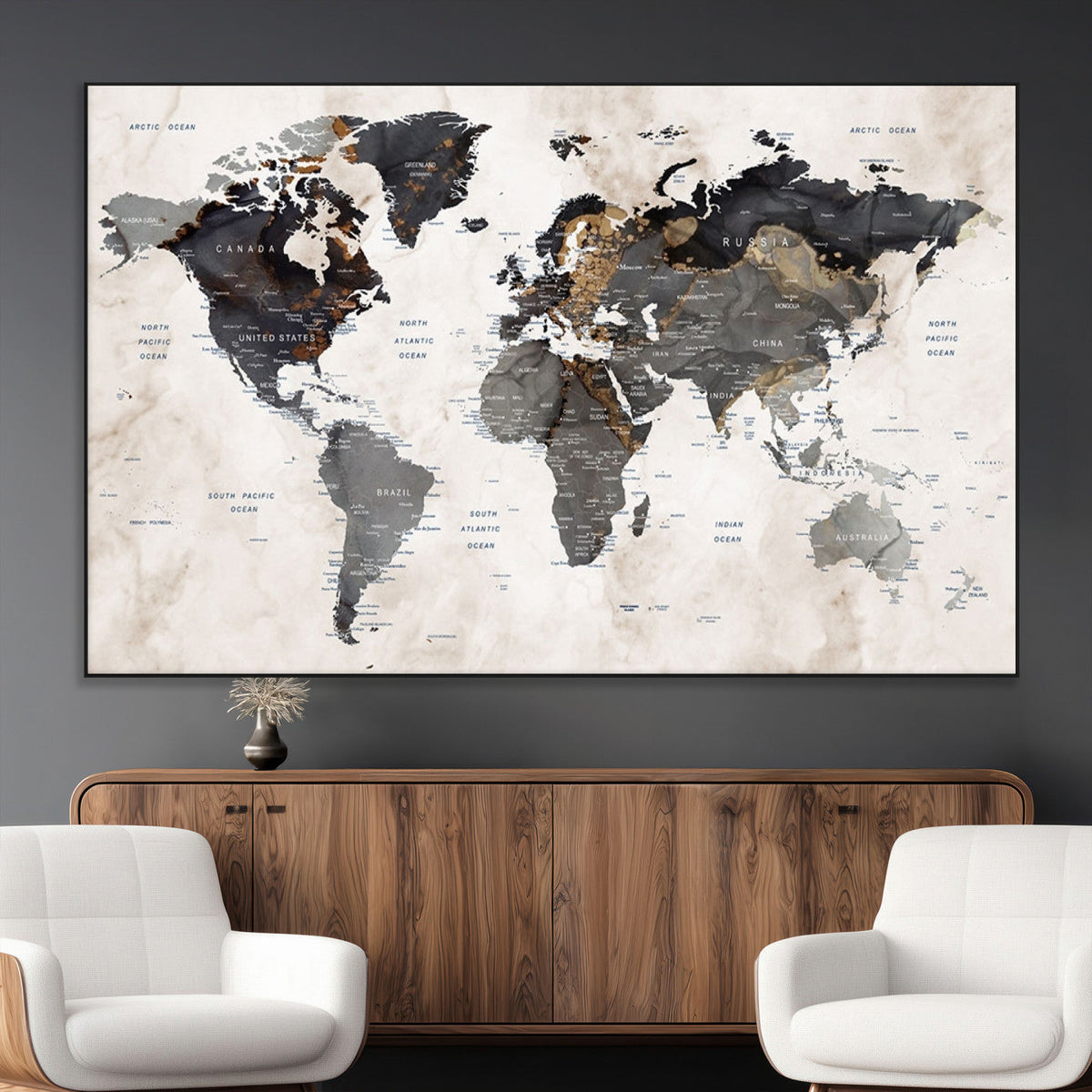 Abstract Map Printing - Modern World Map Canvas Wall Art for