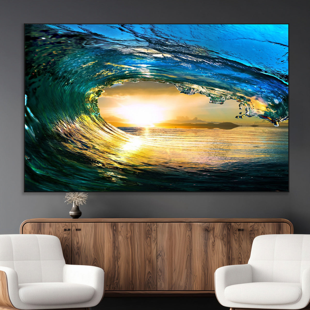 Ocean Wave at Sunset Canvas Art, Large Wall Print of Vibrant