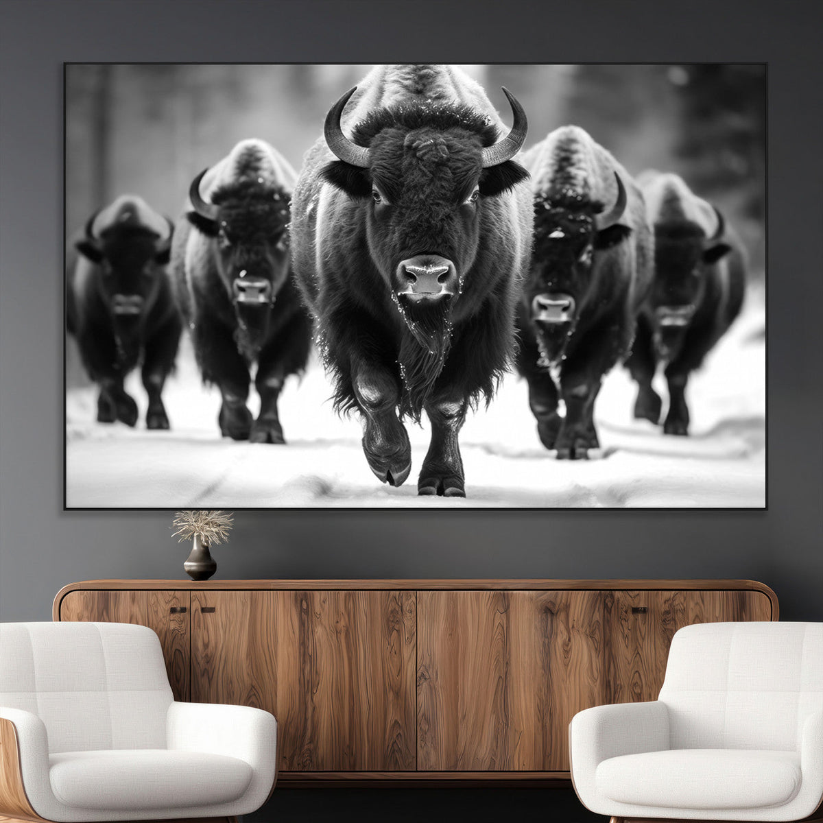 American Bison Art | Buffalo Herd Wall Art Canvas Print, BW