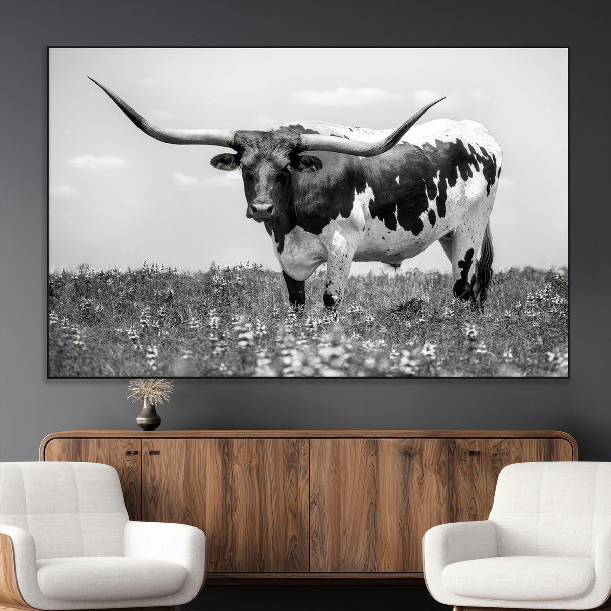 Texas Black White Highland Longhorn Cow Wall Art Canvas