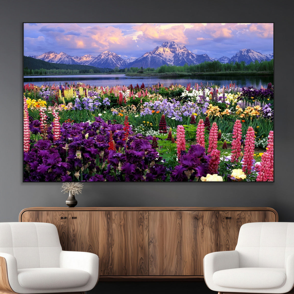 Vibrant Wildflower Garden and Mountain View Giclee Canvas