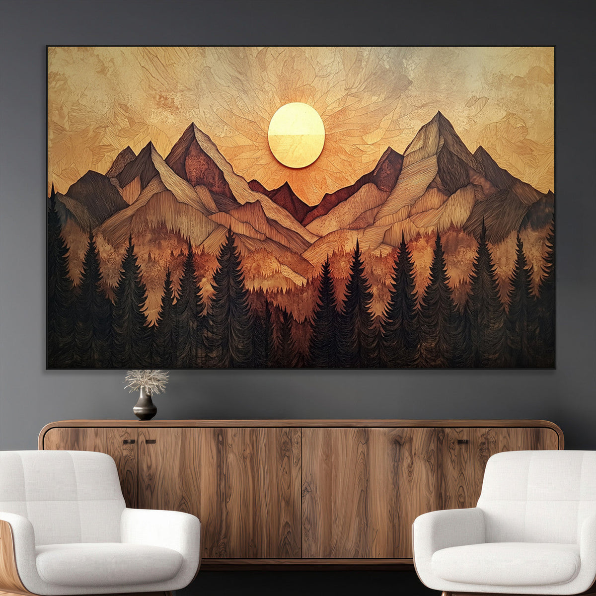 Wood Style Abstract Mountain Sunset Canvas Wall Art Print -