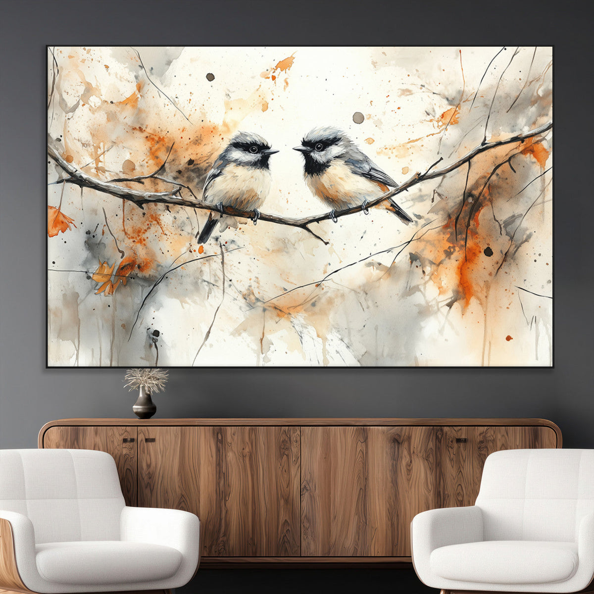 Abstract Watercolor Chickadee Bird Canvas Wall Art Print -