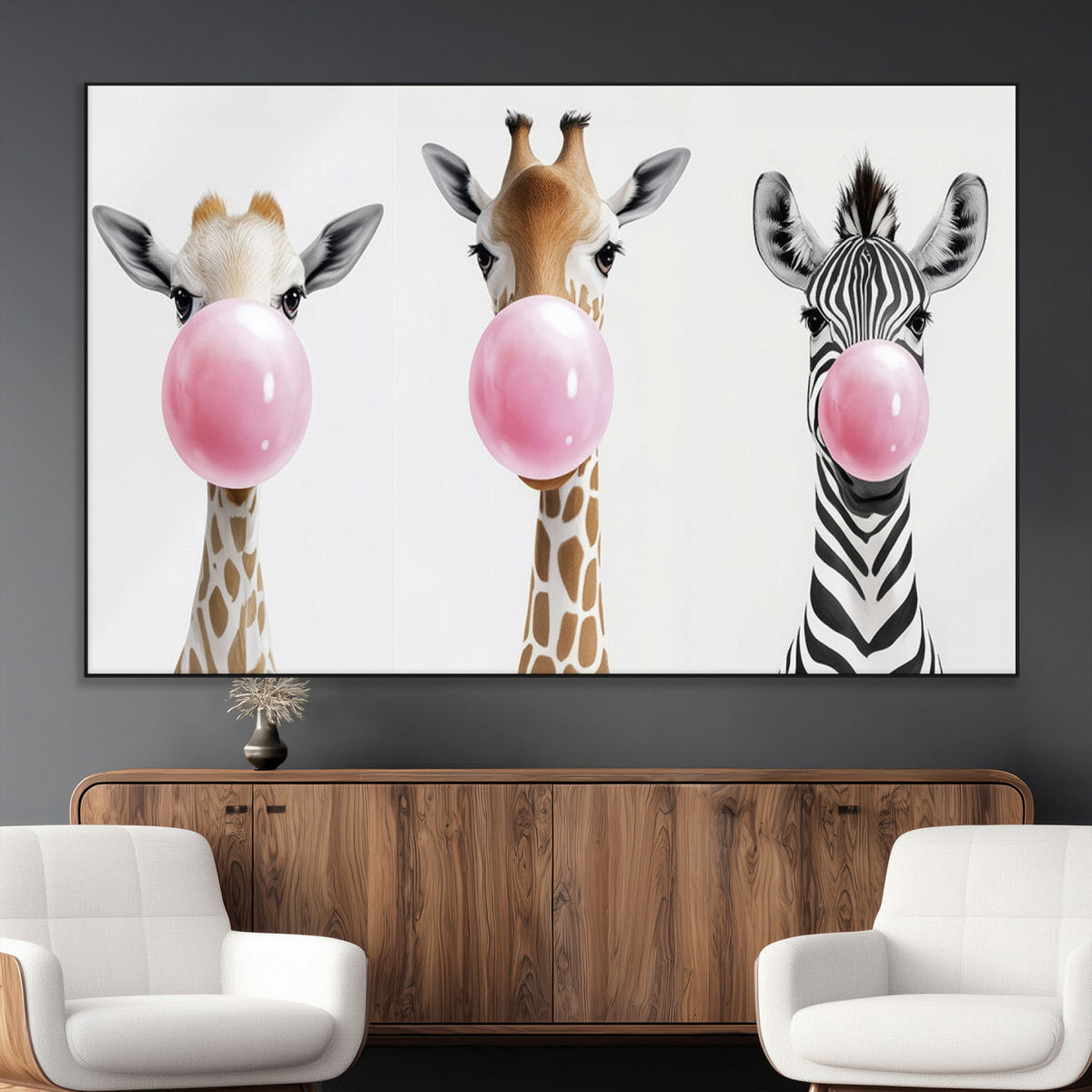 Bubblegum Animals Canvas Wall Art - Playful Giraffe and